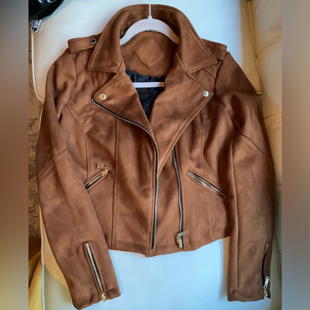 Faux Suede Moto Jacket Cognac Brown